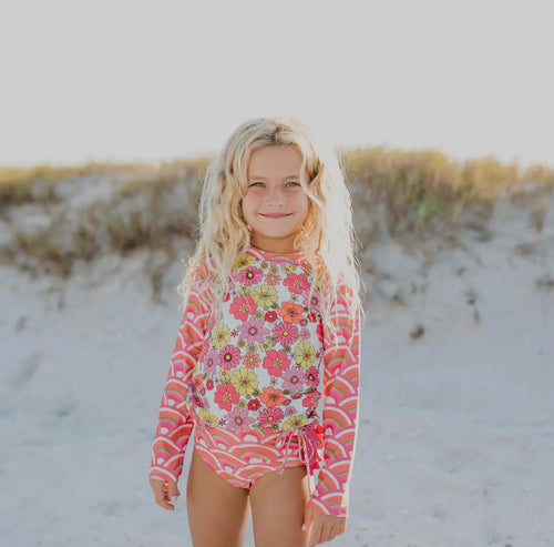 Pink Rainbow and Floral Rash Guard Swimsuit